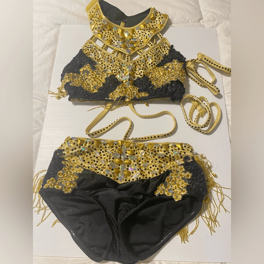 Glamour solo dance costume 2 piece style black gold greek goddess MA-Medium