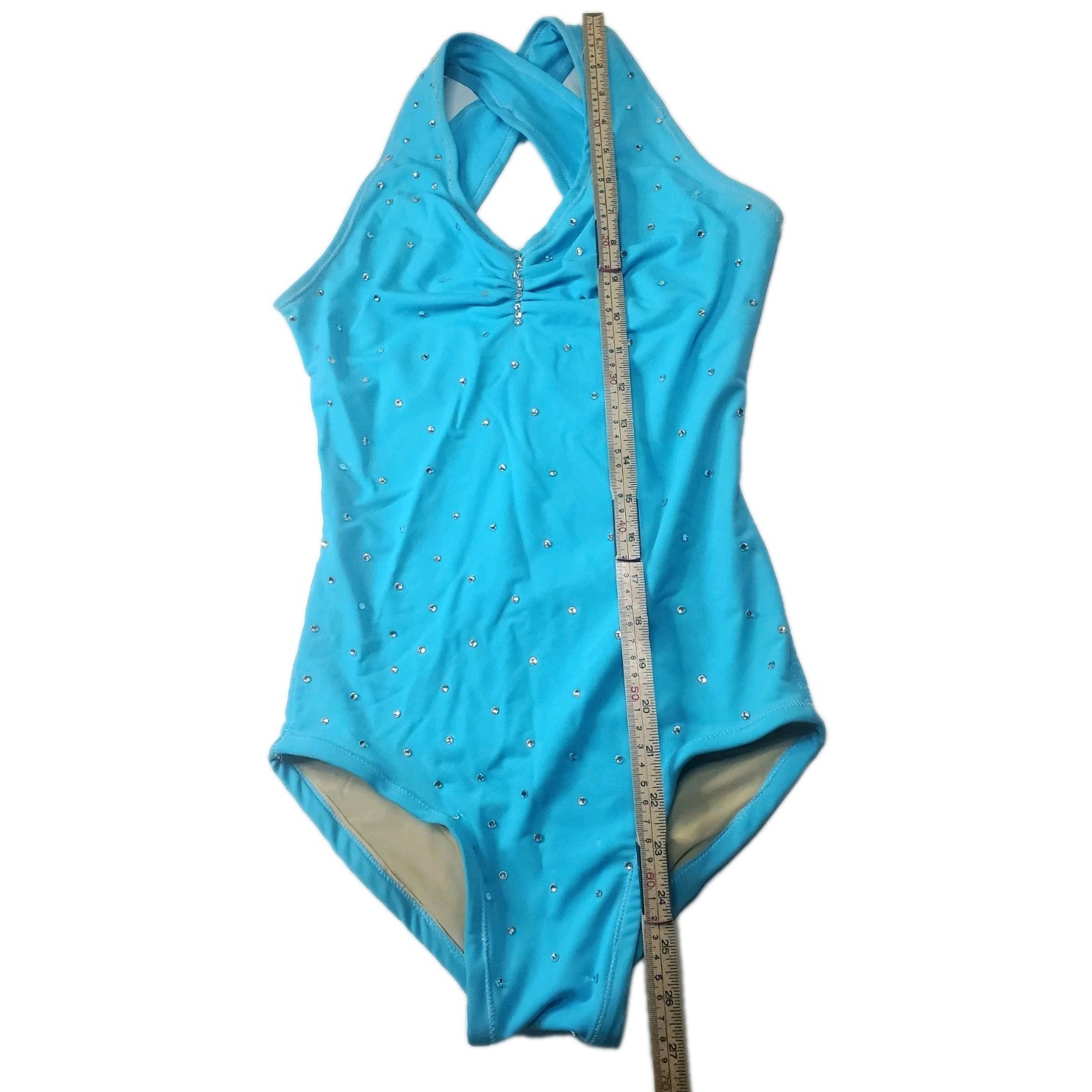 Vintage TK Dancewear Bodysuit Womens Small Light Blue 90s Rhinestones USA Made