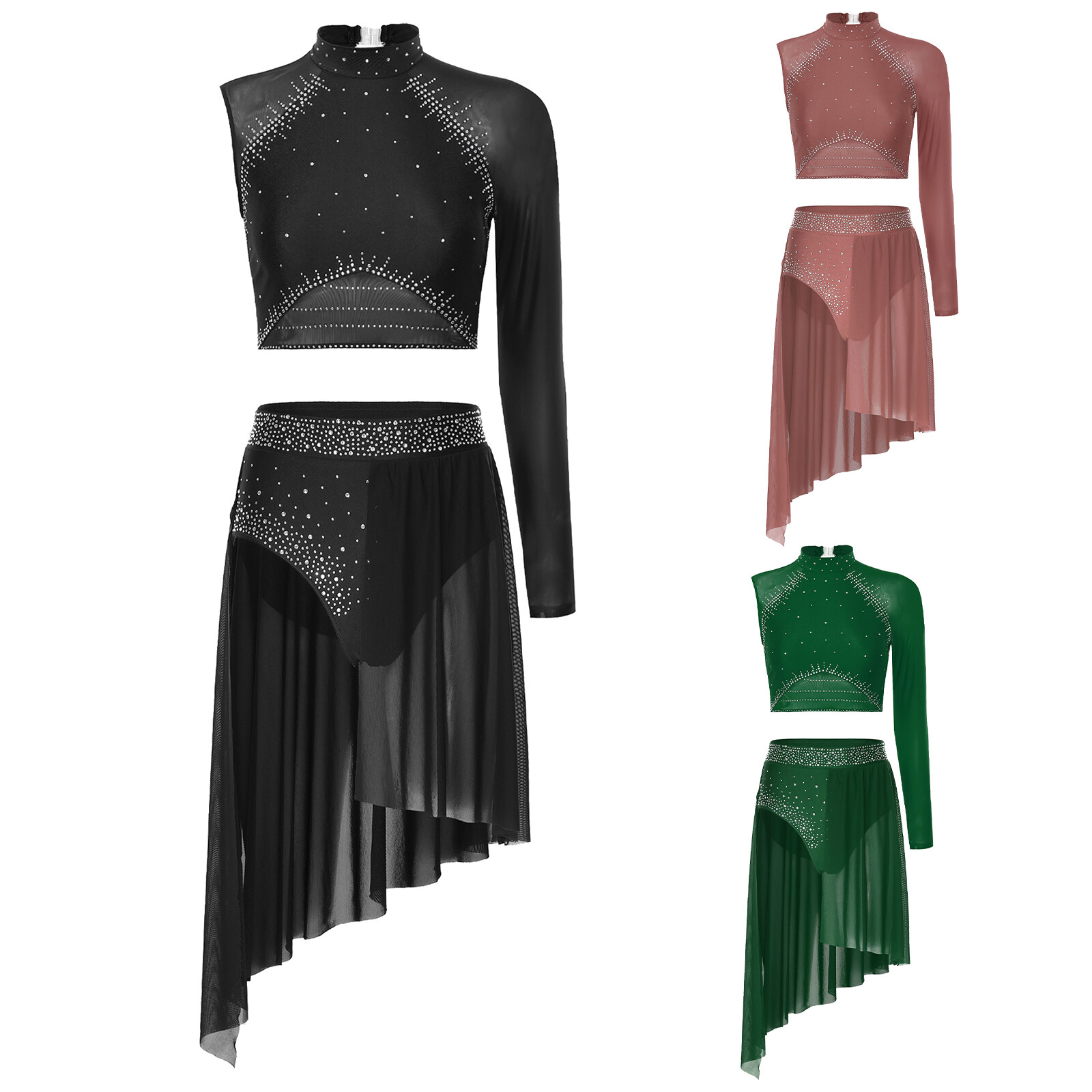 Women Dancewear Stage Outfit Lyrical Costume One Shoulder Top With Skirts 2pcs