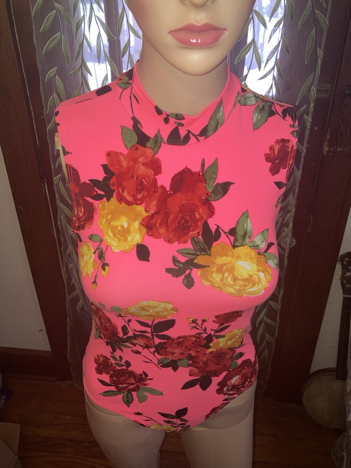 Customized Embellished Rhinestone Floral Print Yellow Red Pink Size Medium