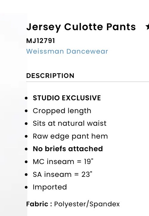 Weissman Dance Black Jersey Culotte Pants Style #MJ12791 MA