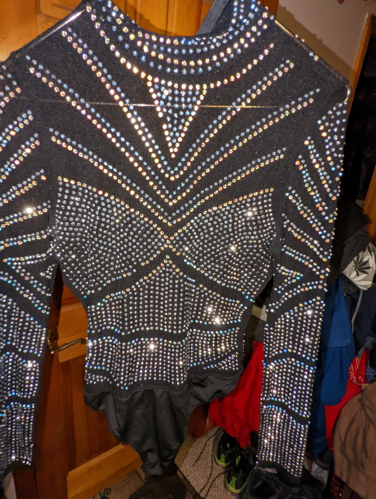 Long Sleeved Black Leotard Body Suit With Rhinestones