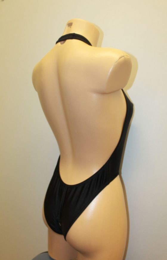 Women Thong Leotard 203-56 Open Back Hole Crotch Black Spandex Size L