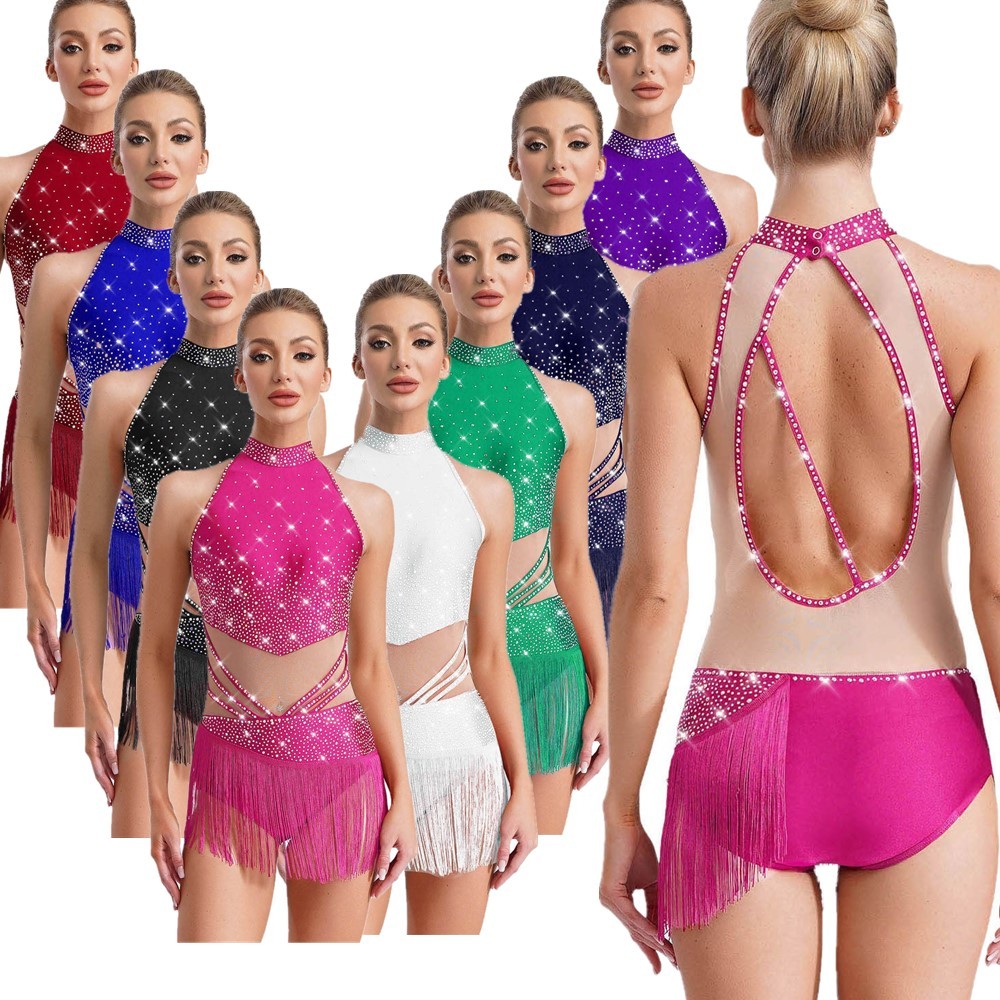 Women Bodysuit Leotard Dancewear Latin Costume Cha-Cha Mock Neck Adorned Dance