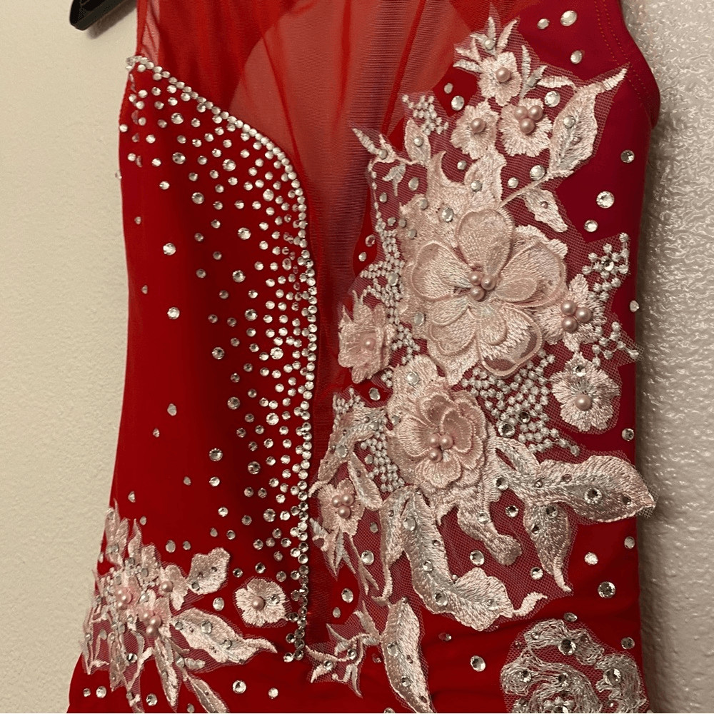 Ilogear Glamorous red custom solo dance costume leotard rhinestone mesh MA adult