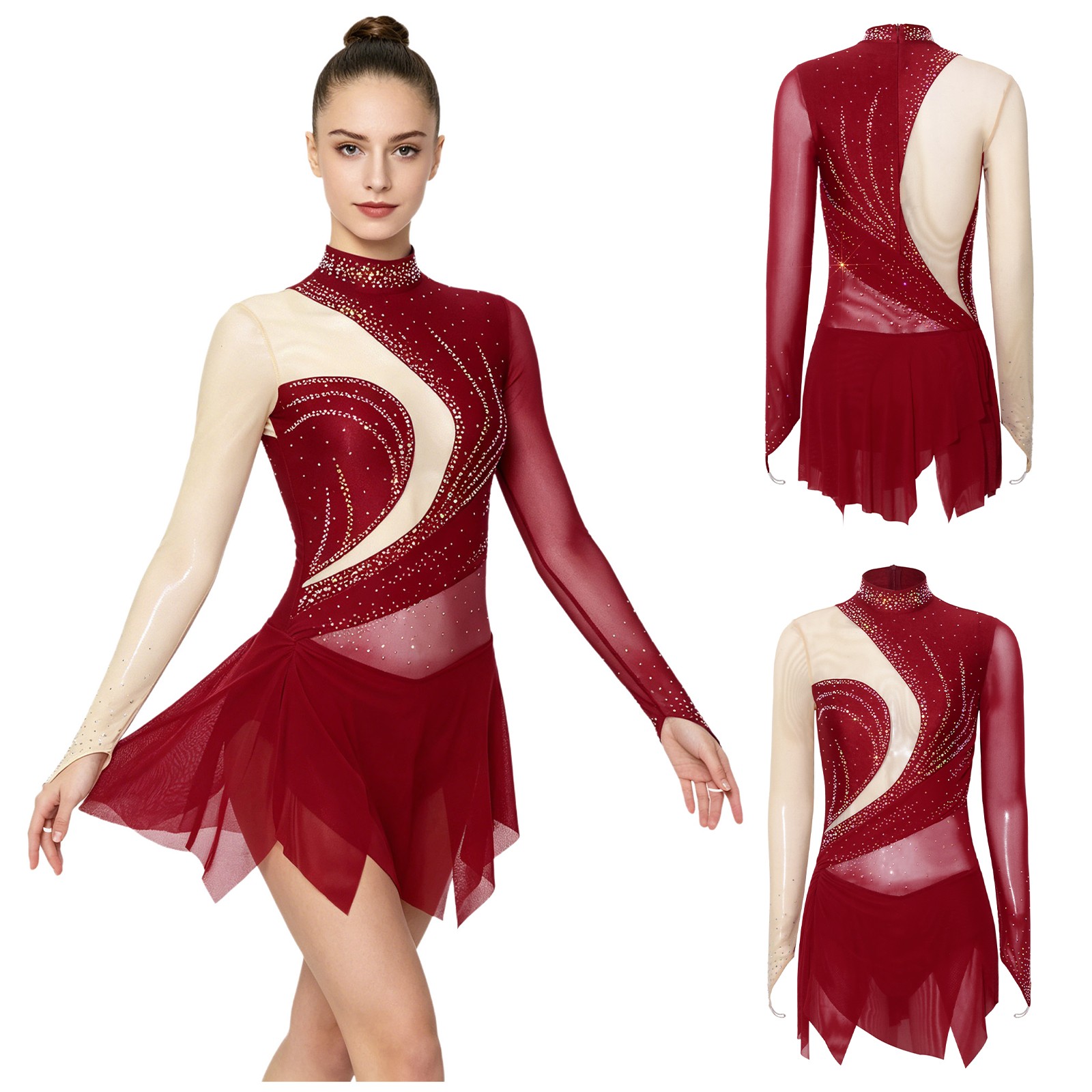 Women Figure Skating Dress Long Sleeved Ballet Dancewear Color Block Bodysuit