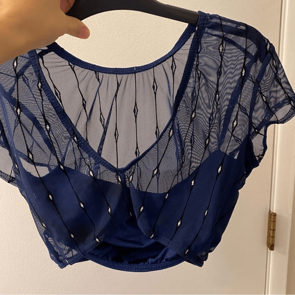 Kelle dance 2 piece blue mesh flocked crop top leggings pants light switch MA