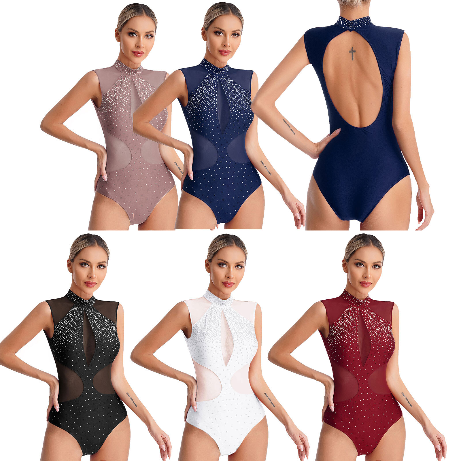 Women Jumpsuit Rhythm Leotard Cutout Back Bodysuit Rhinestones Dance Sparkly