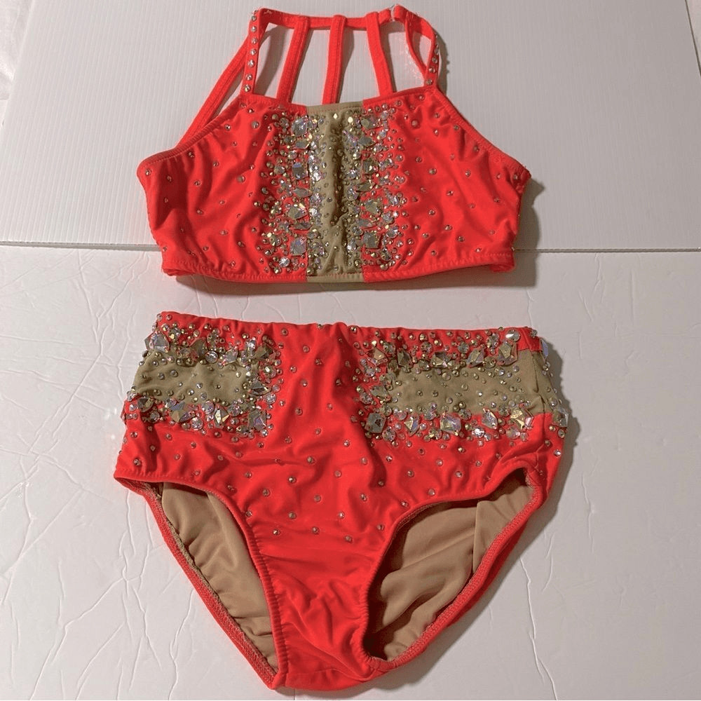Glamour competition solo dance costume coral 2 piece jazz sassy bling SA adult