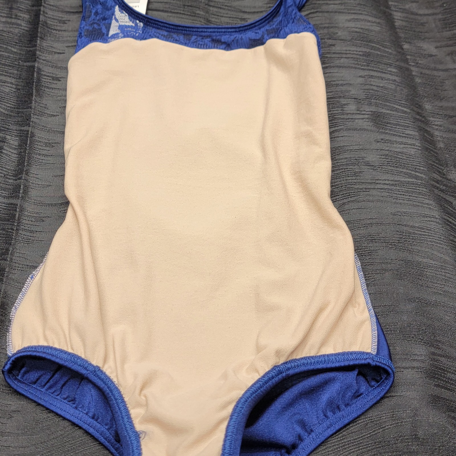 Body Wrappers Premiere Tank Leotard Navy Blue Floral Lace Neck Strap Back SZ XS