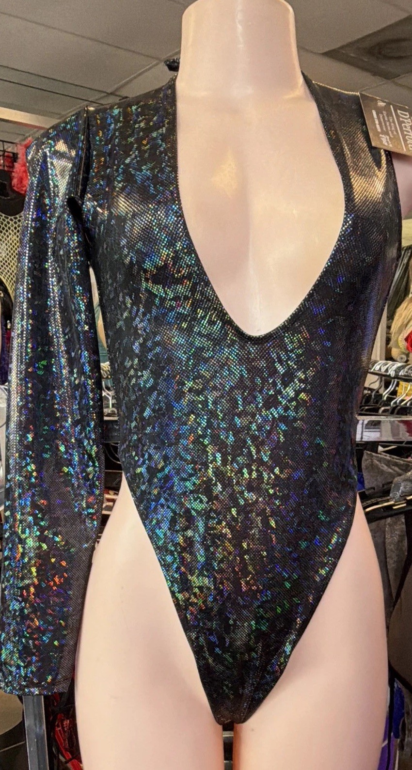 D’Perrotti Black Holographic One-Shoulder One Sleeve Open Back Thong Teddy OS