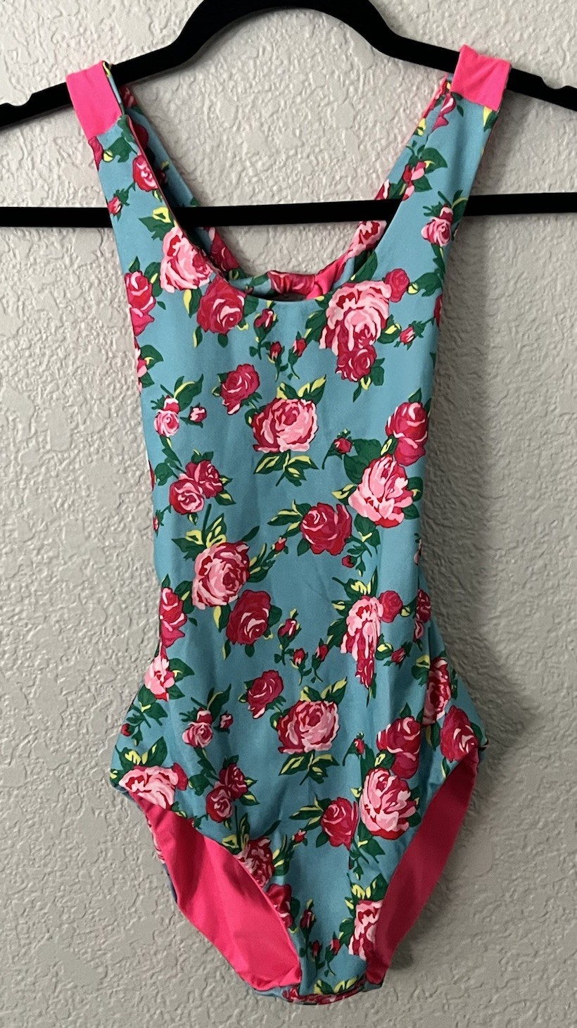 Betsey Johnson Capezio strappy back Reversible leotard Blue Floral / Pink Large