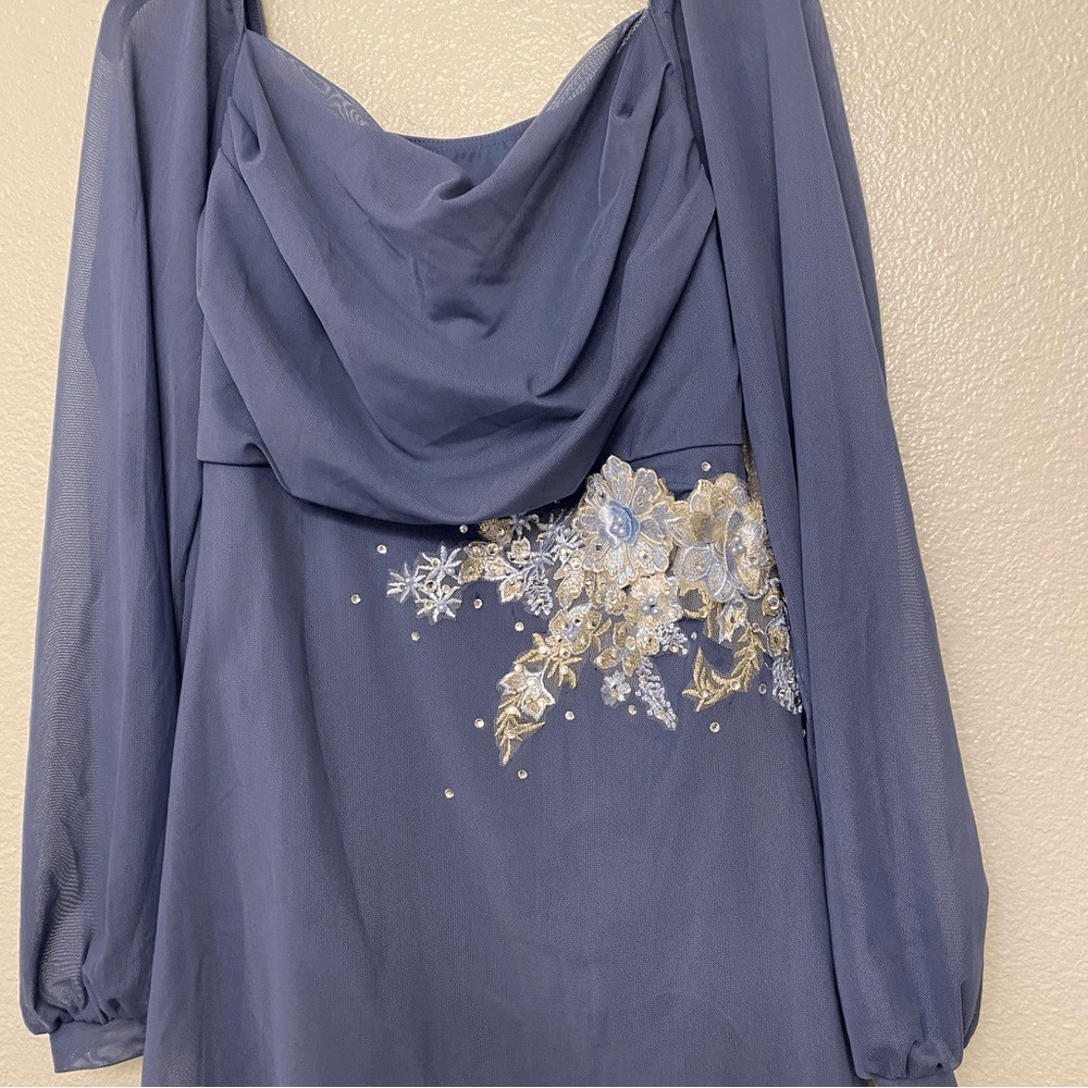 Weissman Balera solo custom Dance costume blue Mesh Poet Sleeve Dress 16384 MA