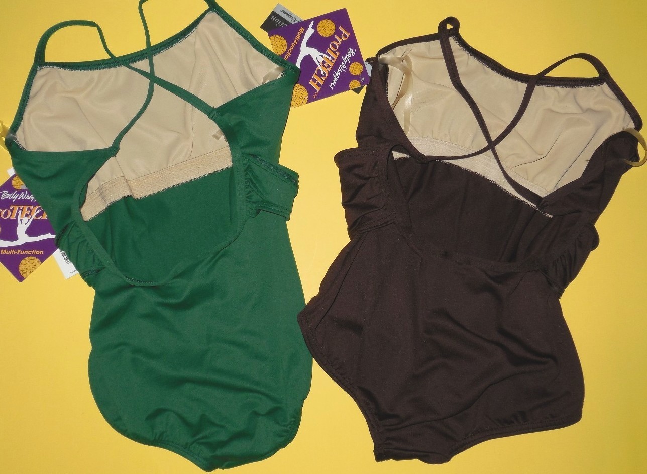 Body Wrappers P452 CrossOver Front Camisole Leotard ch/ladies dark brown or Grn