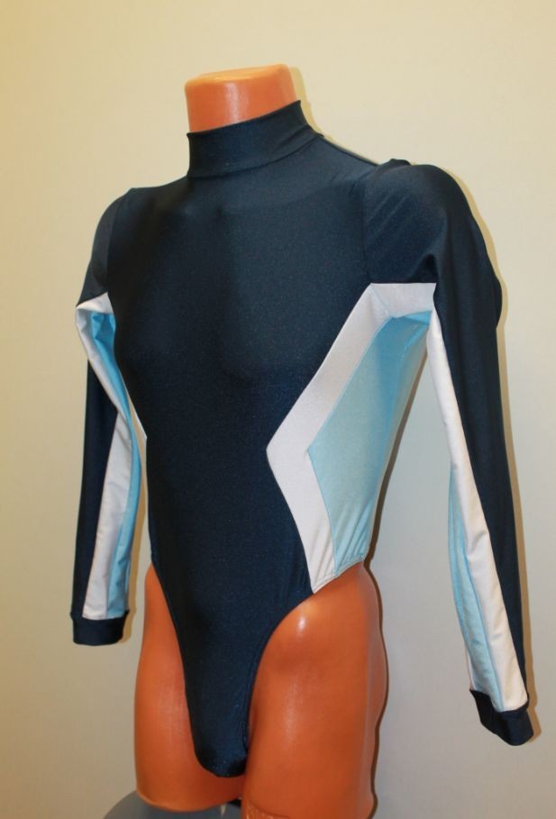 Men Leotard 159-34 Long Sleeve Zipper Back Bottom Closed Blue Spandex Size S