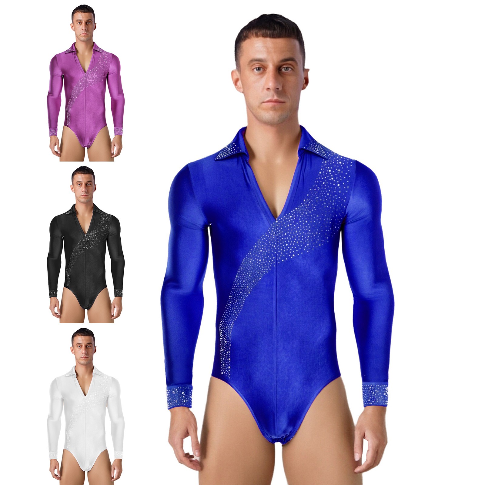 US Men Latin Dance Leotard Shiny Bodysuit Cha Cha Salsa Tango Ballroom Dancewear