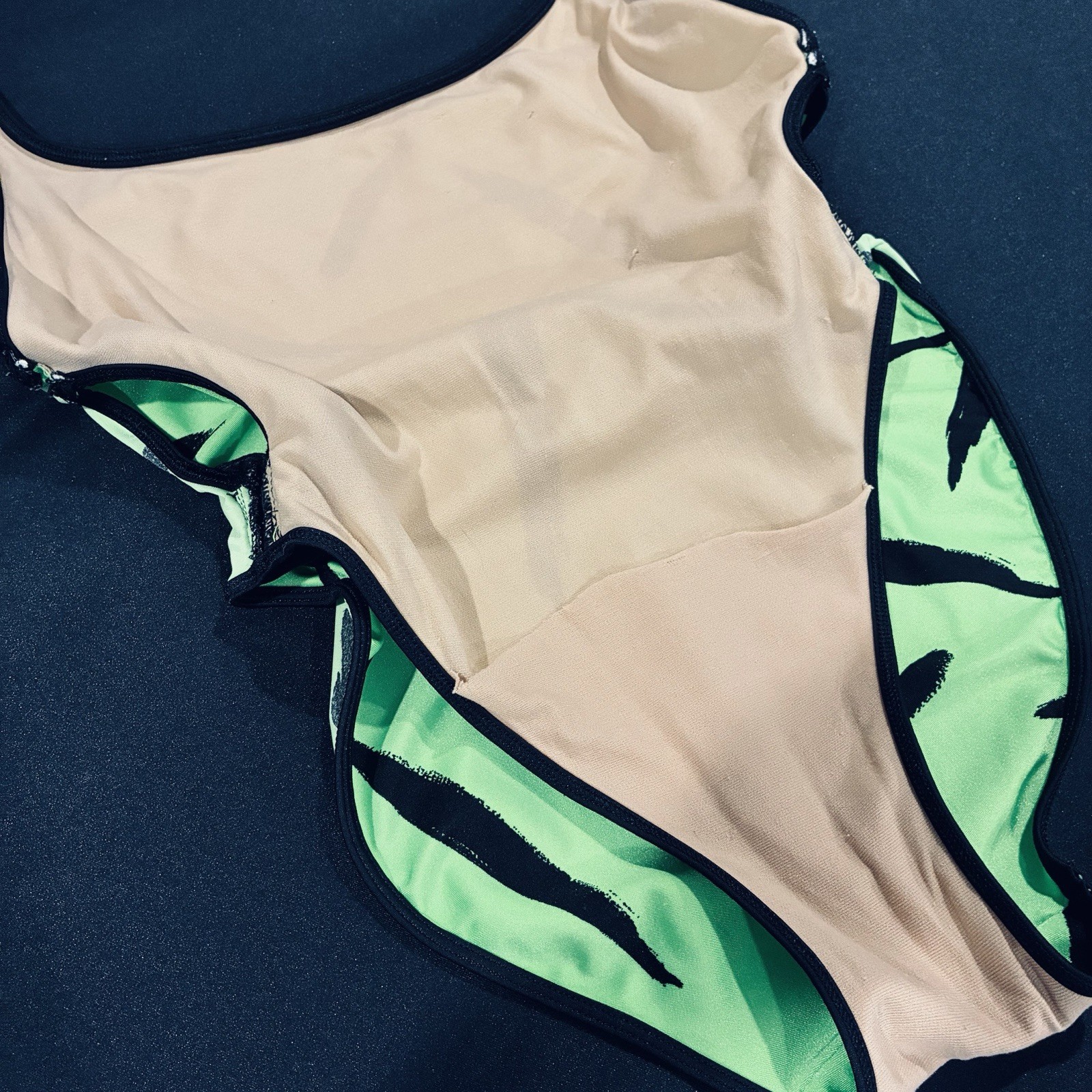 Vtg Green Black Shiny Nylon Spandex Swimsuit Leotard S