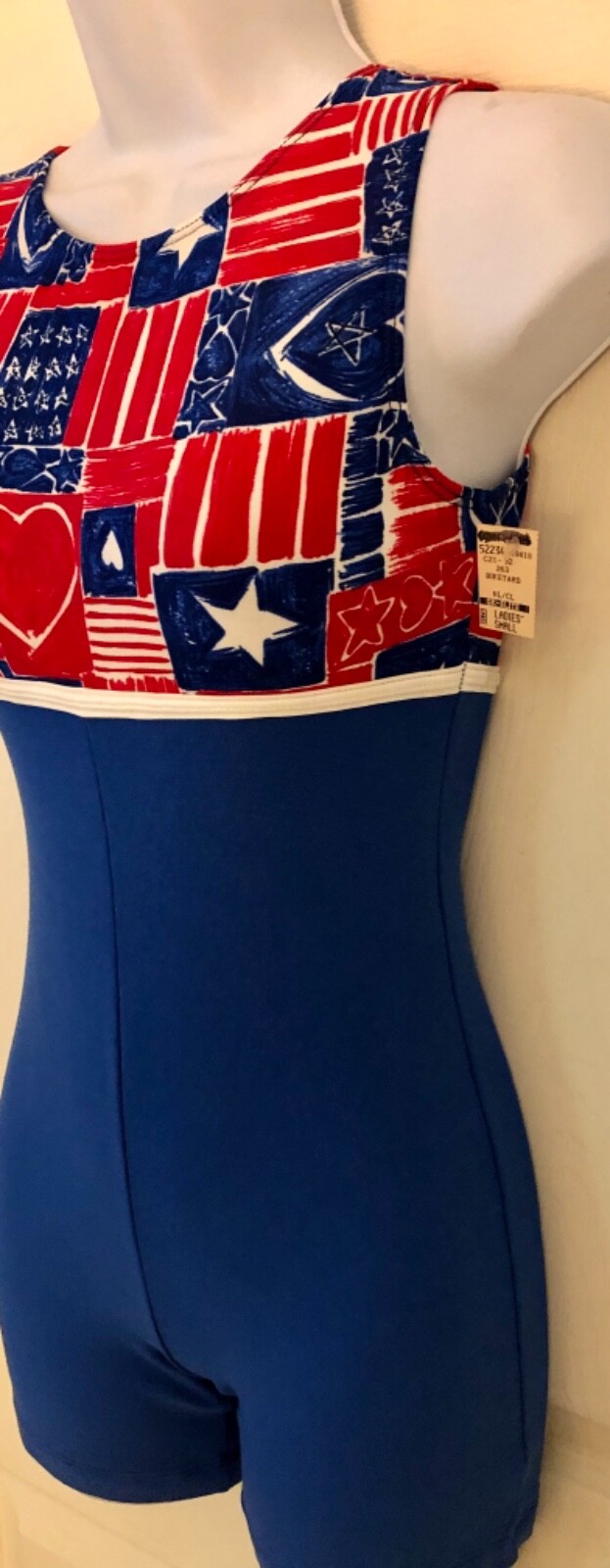 GK DANCE BIKETARD ADULT SMALL FREEDOM PRINT N/S ROYAL COTTON WORKOUT GYM TANK AS