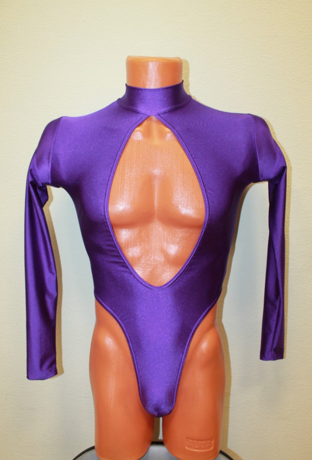Men Thong Leotard 159-09 High Collar Open Front Open Back Purple Spandex Size L
