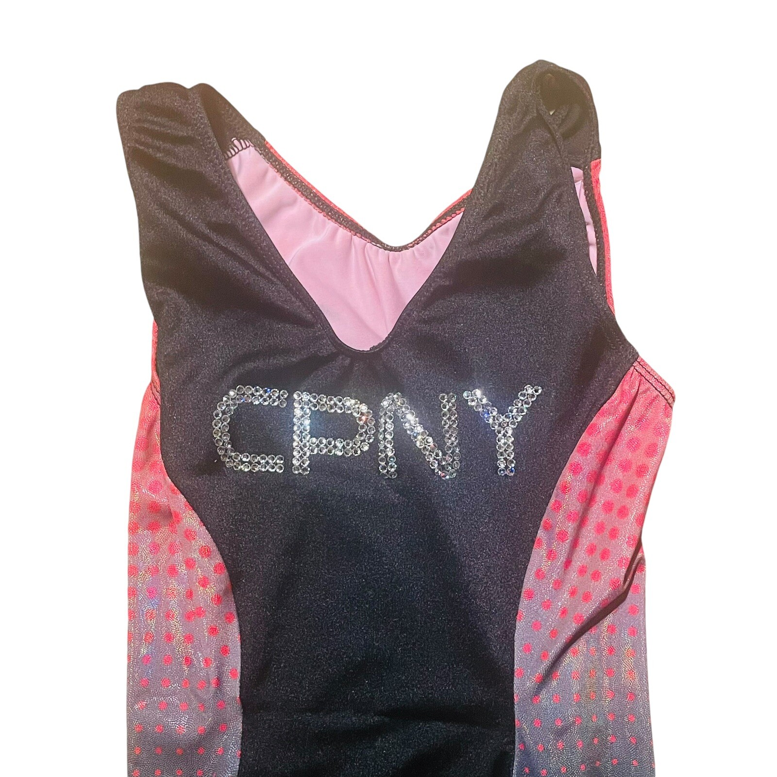 GK Elite CPNY Rhinestone LEOTARD Gymnastics Dance Black Red Dots Adult S