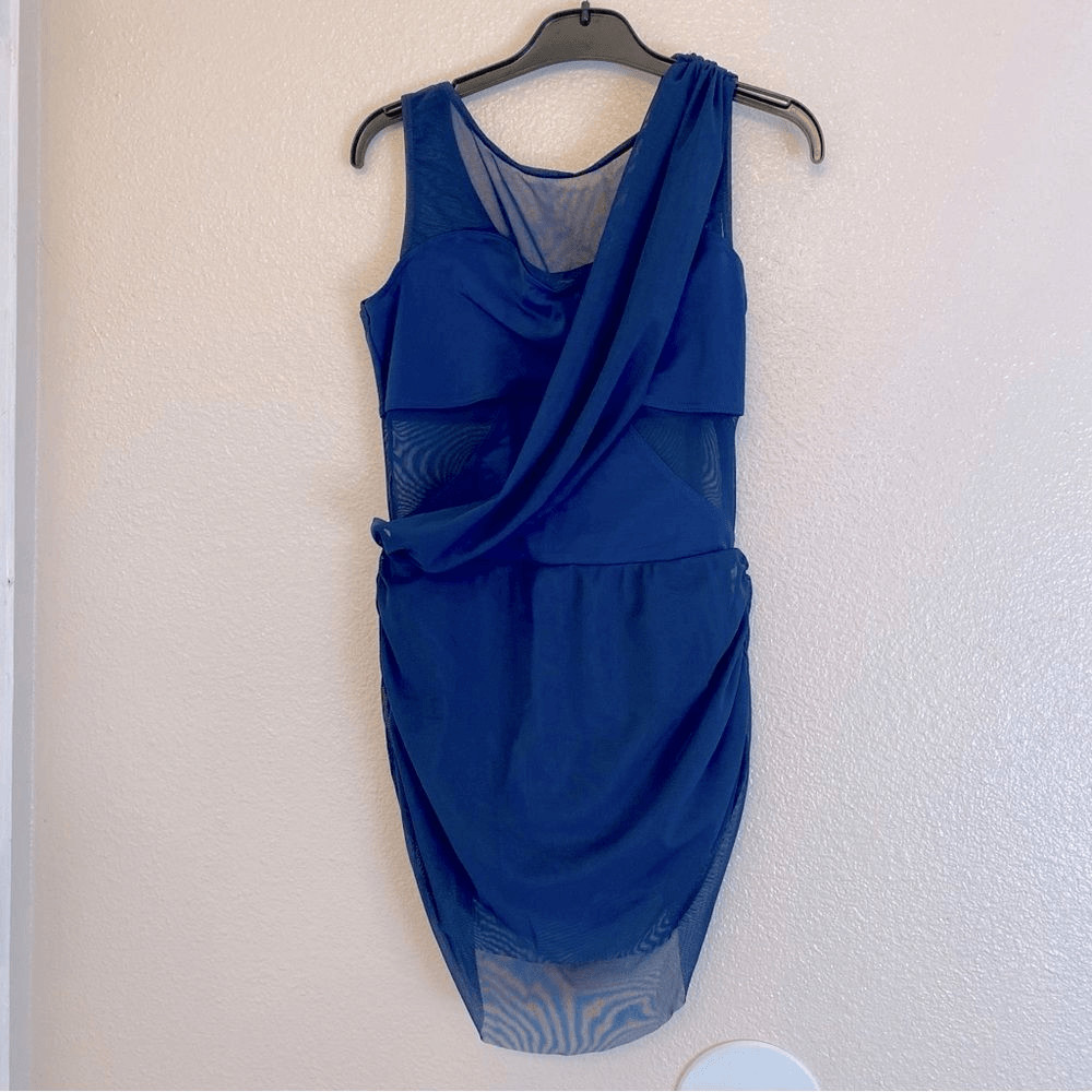 WEISSMAN Balera Dance navy blue Costume Asymmetrical Mesh Drape Dress D11450 MA