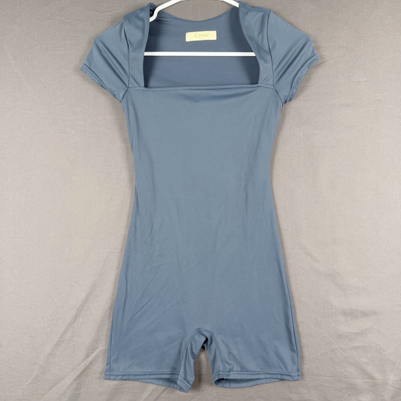 Qinsen Women’s Blue Short Sleeve Unitard Leotard, Solid Mesh, Nylon/Spandex
