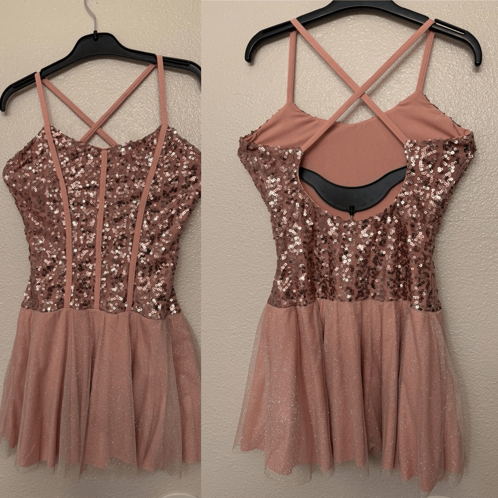 Art Stone solo Dance Costume blush pink ribbed glitter tutu dress SA-Small adult