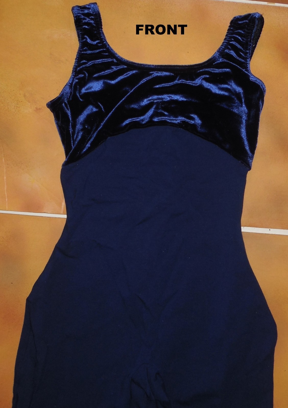 New Dance Jazz Navy Blue Long Unitard Velvet Bodice Cotton Spandex Ladies Ad Sze