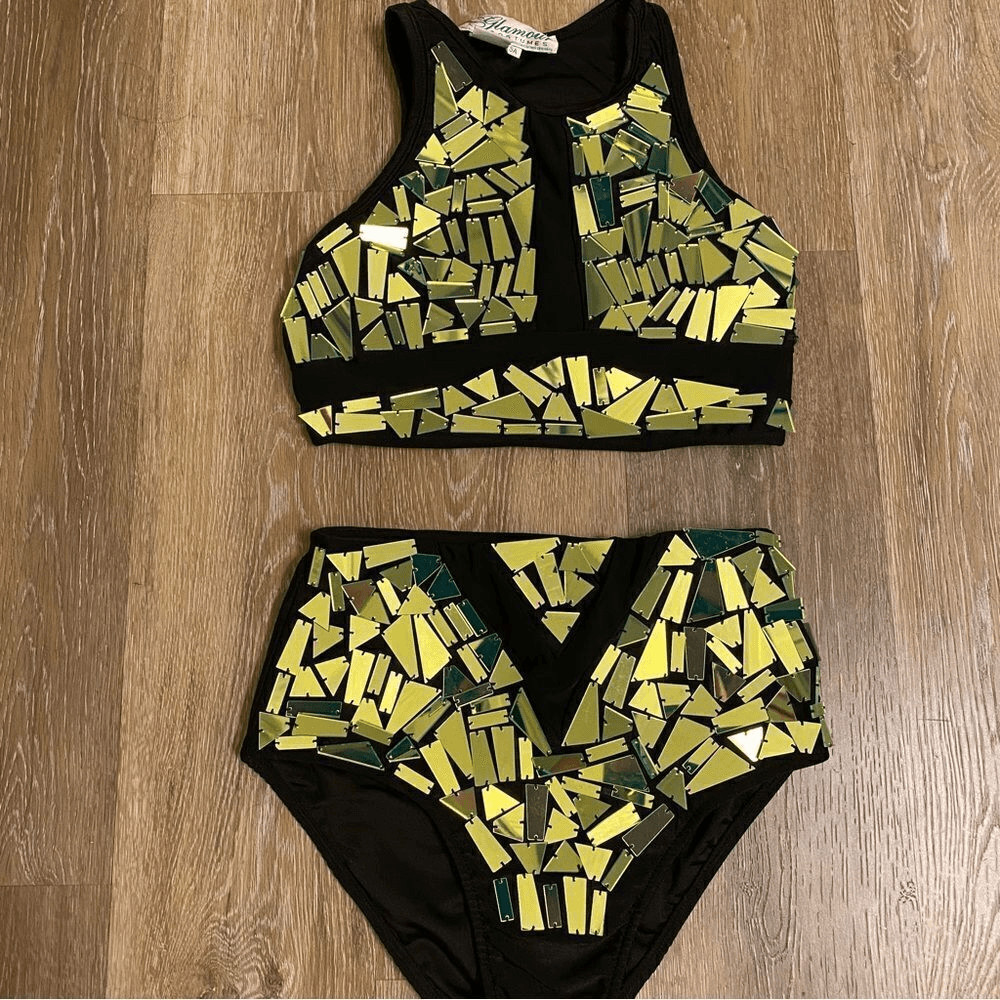 Glamour Green Mosaic Rhinestone 2 Piece Dance Costume Solo Jazz Contemporary SA
