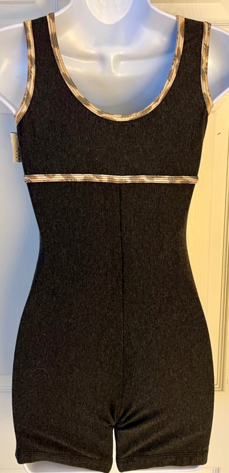 GK TANK BIKETARD ADULT SMALL GRAY COTTON/SPANDEX GOLD PRINT FOIL TRIM DANCE AS