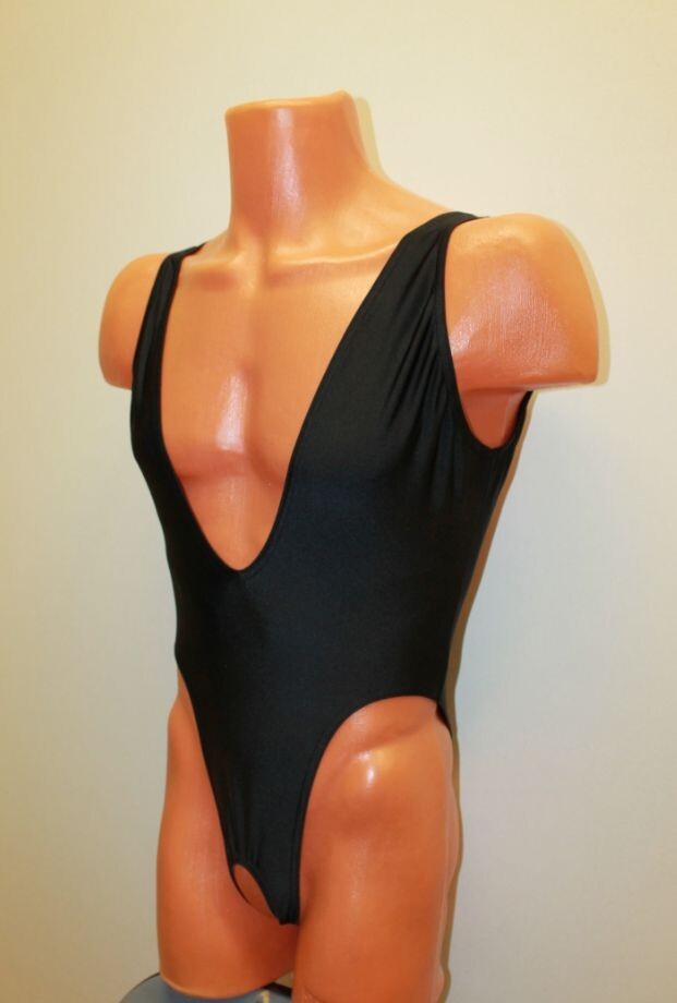 Men Thong Leotard 151-55 Hole Crotch Black Spandex Size S