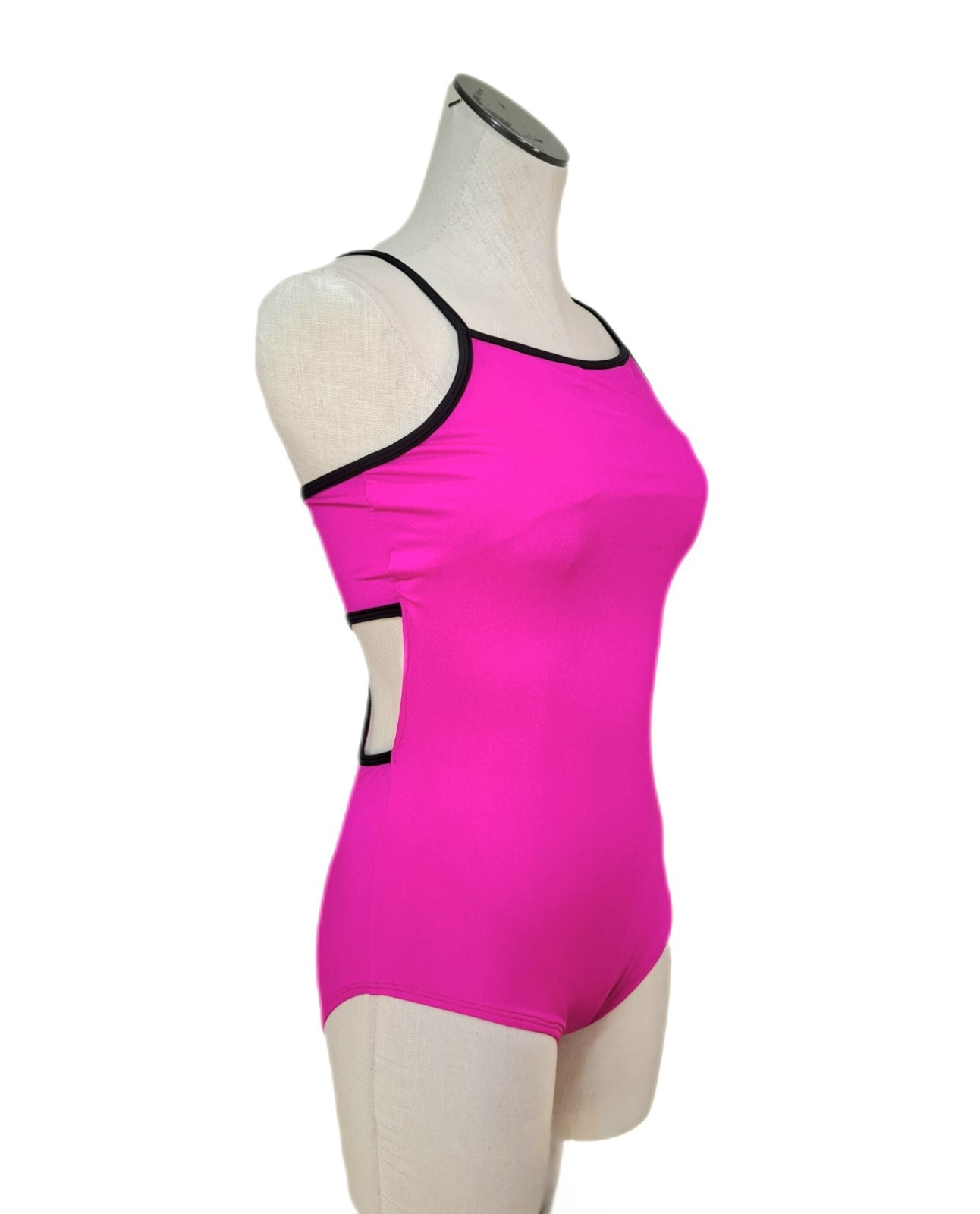 Aja VTG Hot Pink Side Cutout Keyhole Crossback Leotard Coolmax Bra Liner Size AM