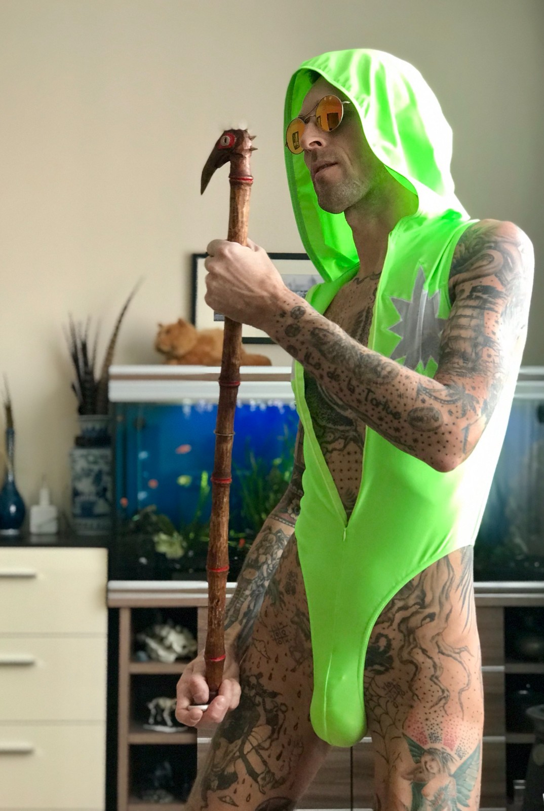 Men Thong Leotard 153-70 Hood Zipper Front Green Spandex and White Mesh Size L