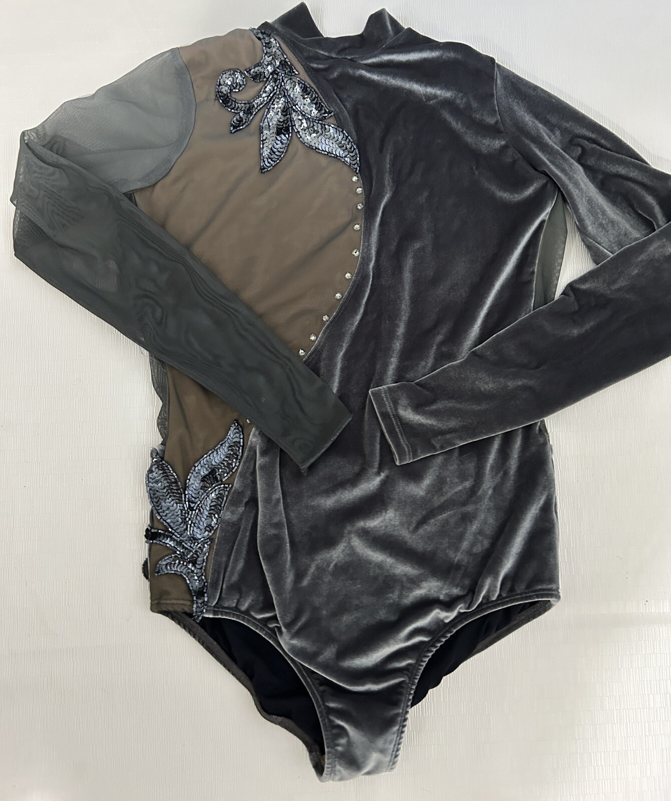 ILOGEAR Bodysuit Leotard Silver/ Gray Costume Appliquéd Long Sleeves Mesh Sz L