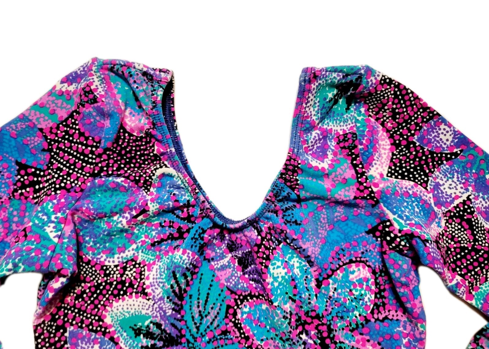 GK Elite VTG Vibrant Blue Pink Botanical Cotton LS Leotard Bodysuit AS Adult S