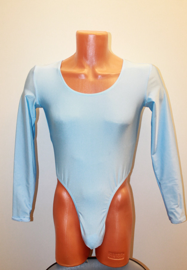 Men Thong Leotard 158-03 Long Sleeve Light Blue Spandex Size M