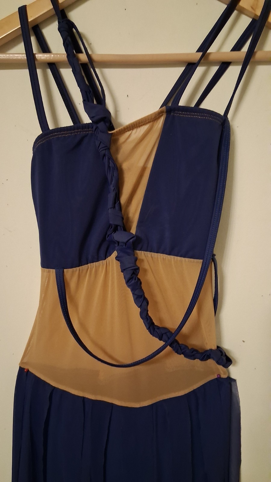 Solo custom Dance Costume Jumpsuit Bodsuit Sheer Wide Leg Mesh And Fringe Navy
