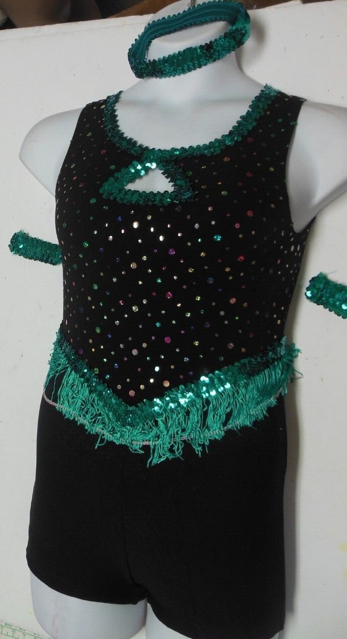 Dance Costume SHORTY UNITARD LADIES SPOTLIGHT FOIL JADE Green SEQUIN FRINGE