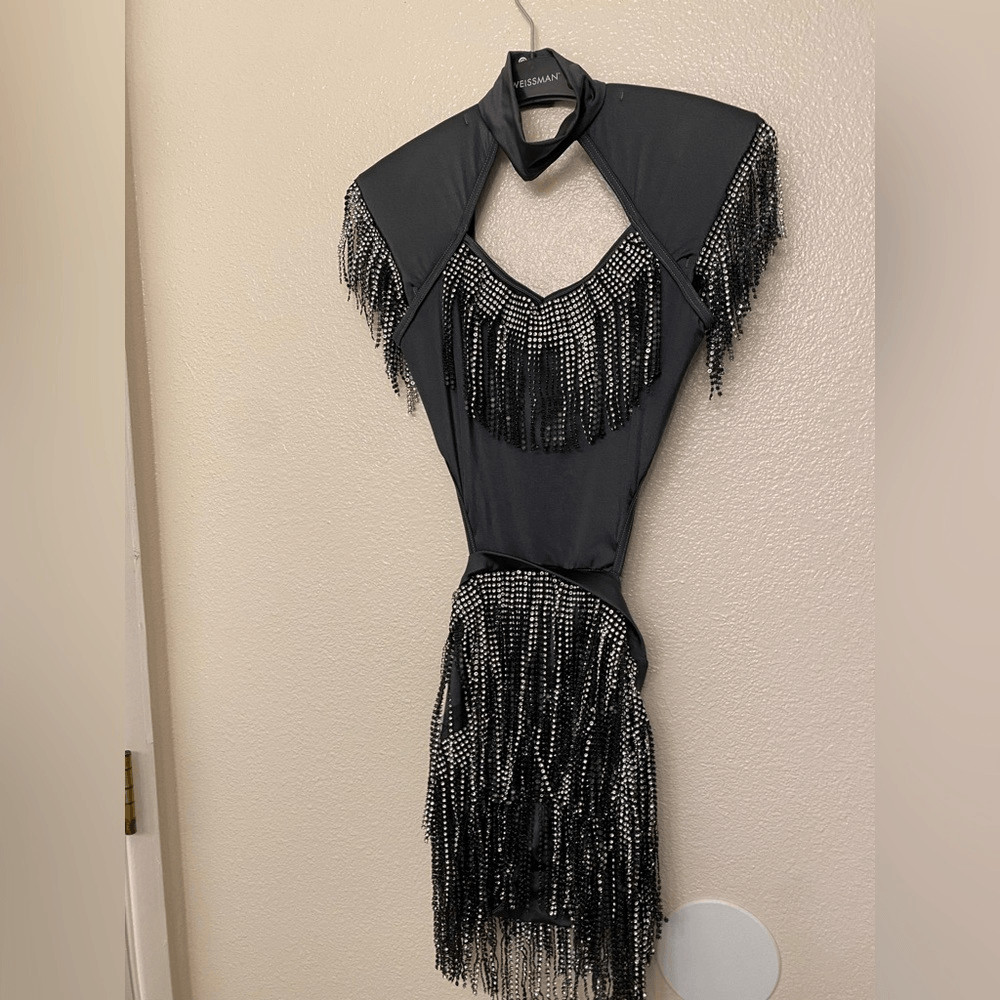 Weissman Elite Dance costume gray fringe bling Castle 17832 leotard dress MA