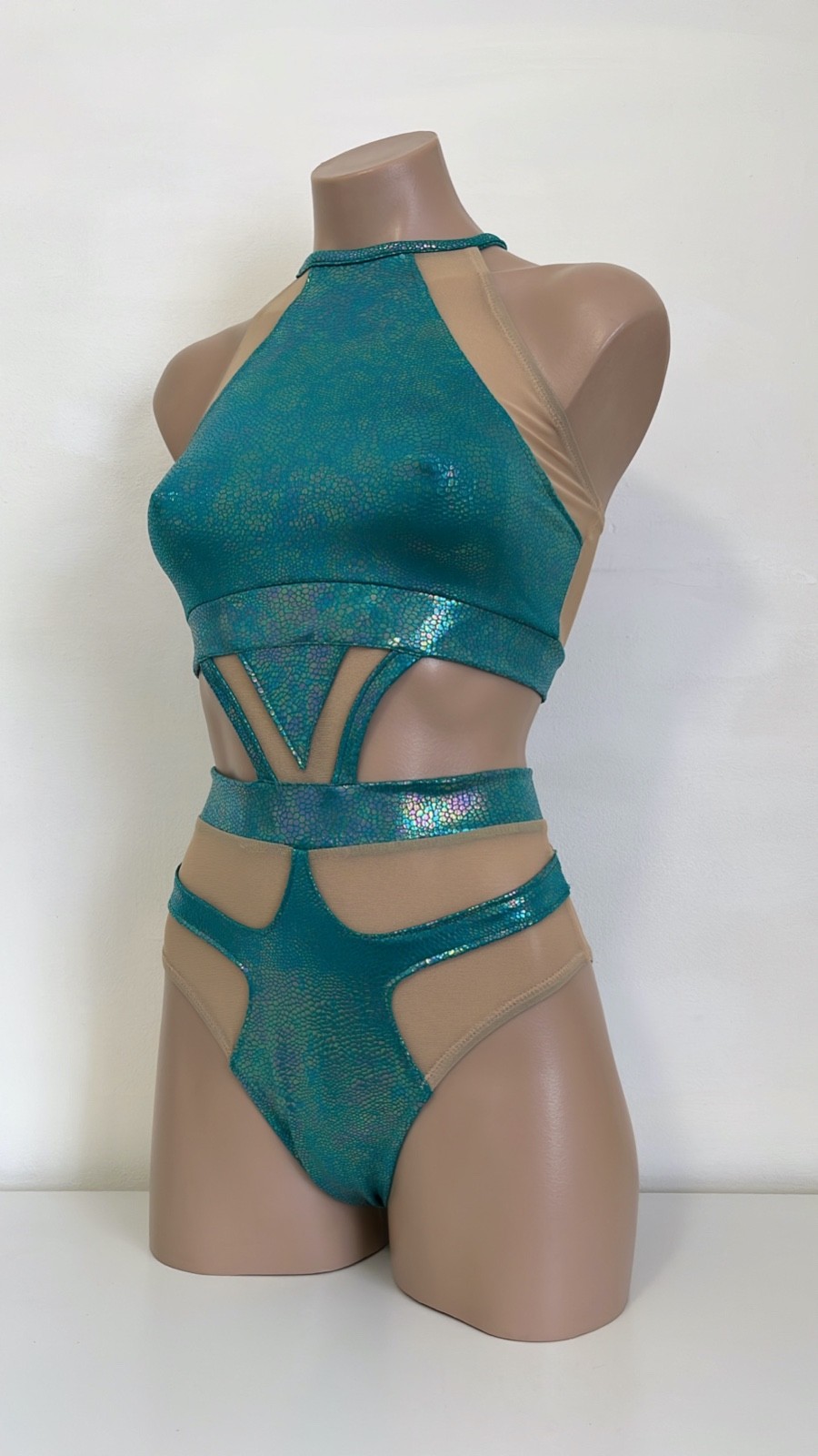 Schminke 🦎 Hybrid dance wear pole-wear nude mesh teal hologram reptile bodysuit