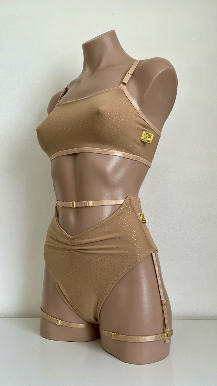 Schminke 👄 pole dance wear sheer nude gold mesh crop top & bottoms high waist