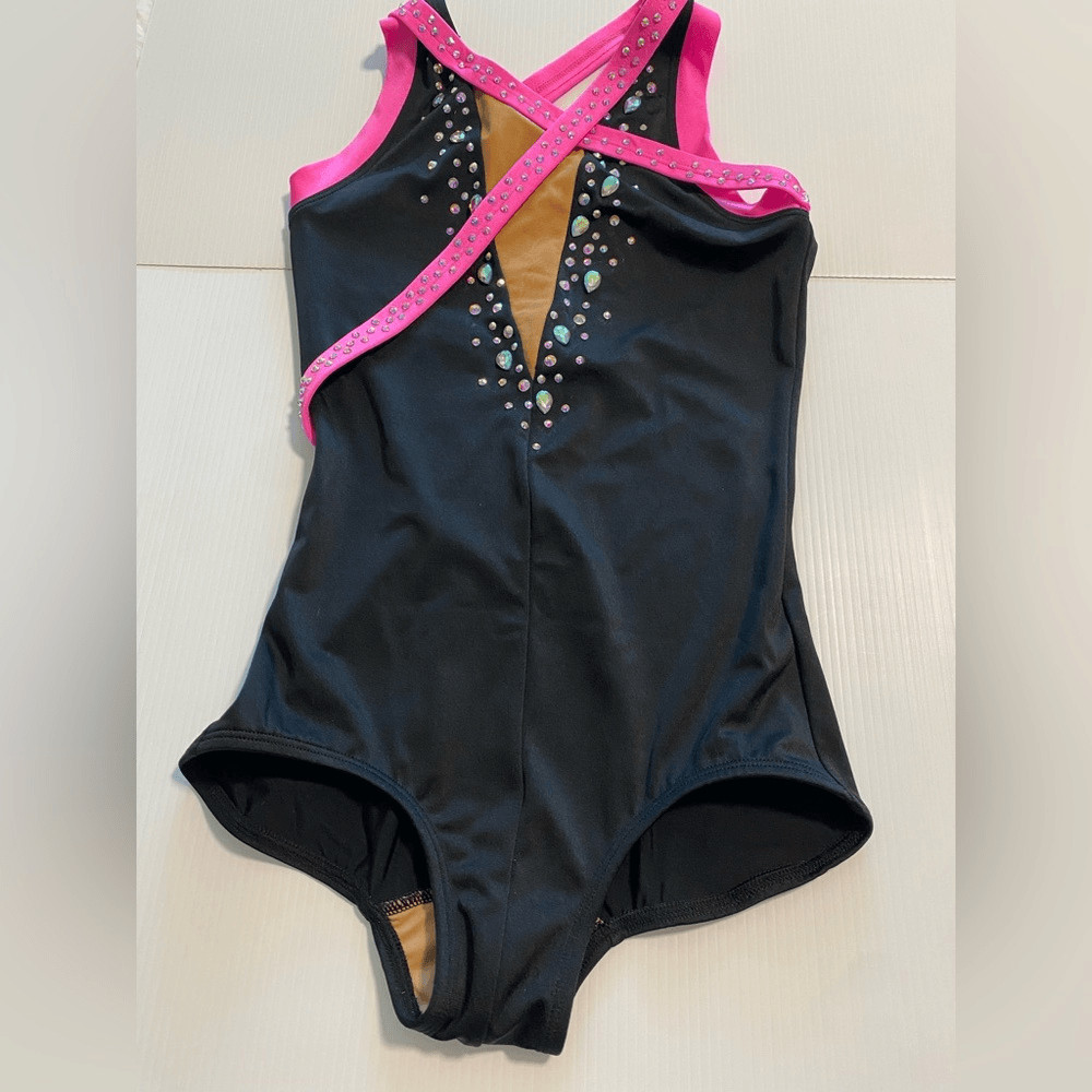 The Line up dance costume black hot pink strappy leotard rhinestone SA adult