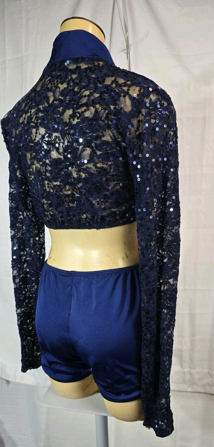 Algy Majorette Women’s Sequin Lace Long Sleeve Blue Leotard Size Medium