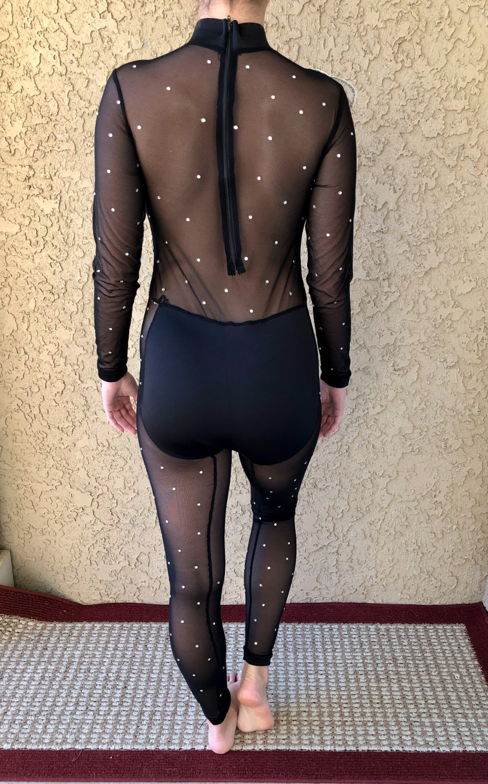 Black Mesh Unitard Dance Costume Crystal Wing Applique Adult S