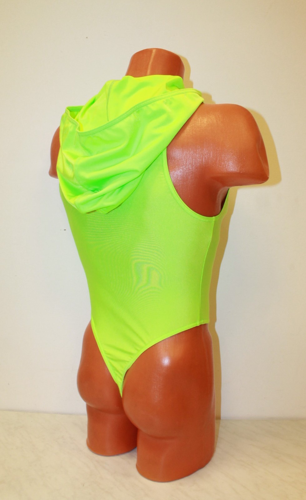 Men Thong Leotard 153-70 Hood Zipper Front Green Spandex and White Mesh Size L
