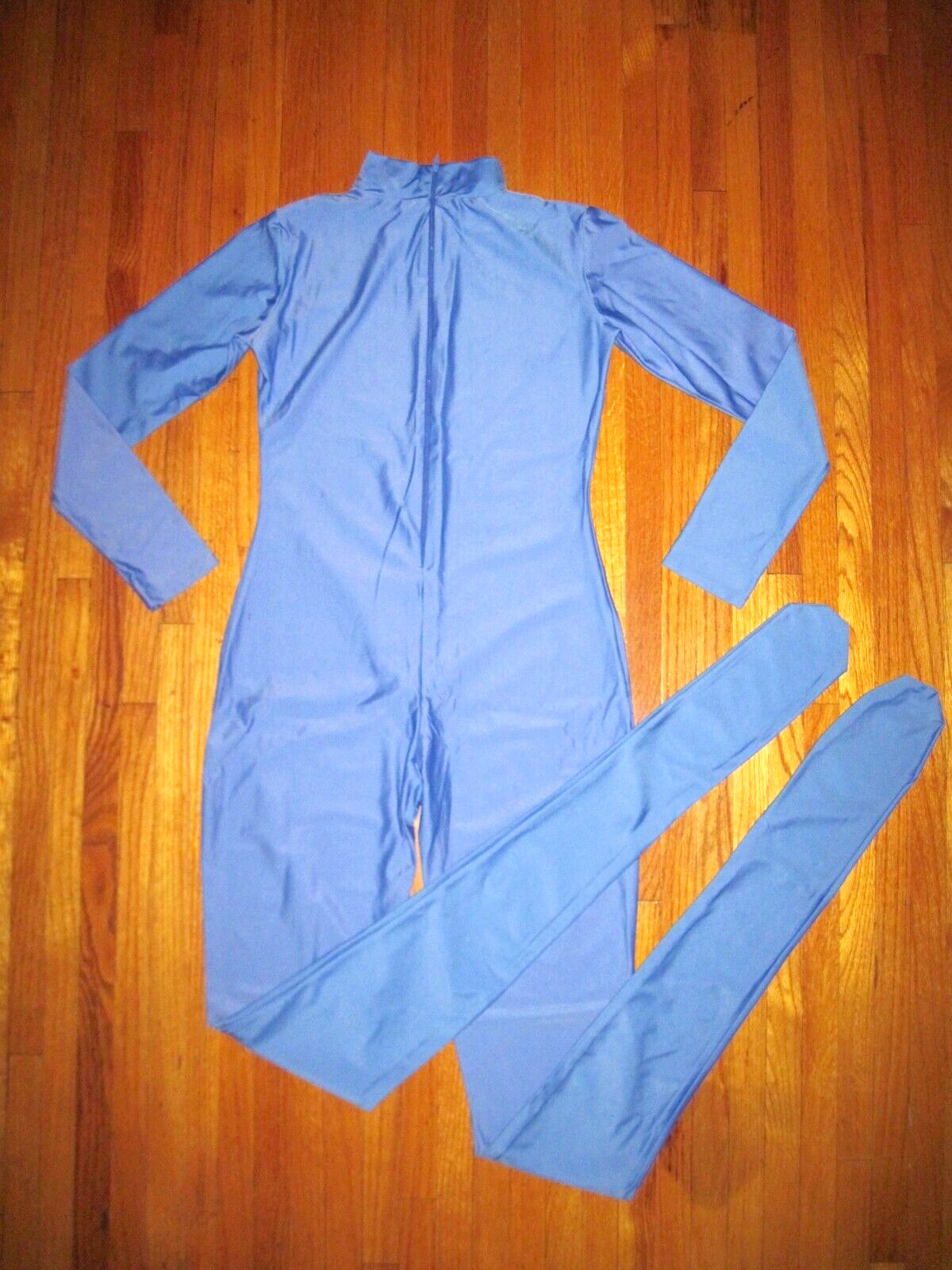 Plus Size Shiny Lt Blue Long Sleeve T Neck Footed Unitard Size XL-14-16 New
