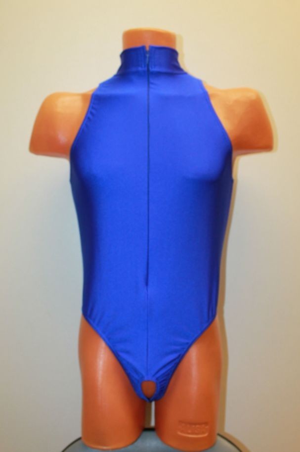 Men Thong Leotard 154-58 High Collar Hole Crotch Royal Blue Spandex Size XL