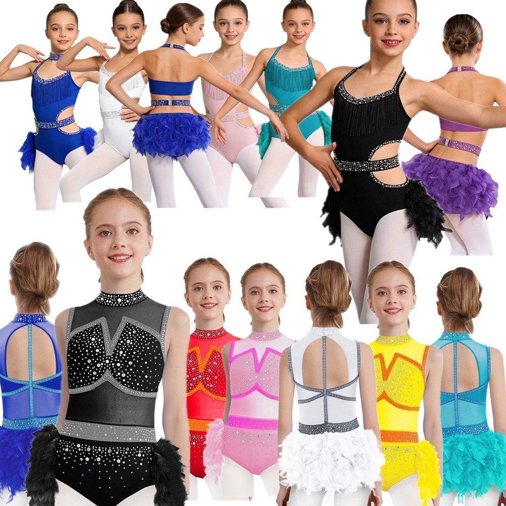 US Kids Girls Latin Dance Bodysuit Leotard Shiny Rhinestones Jazz Performance