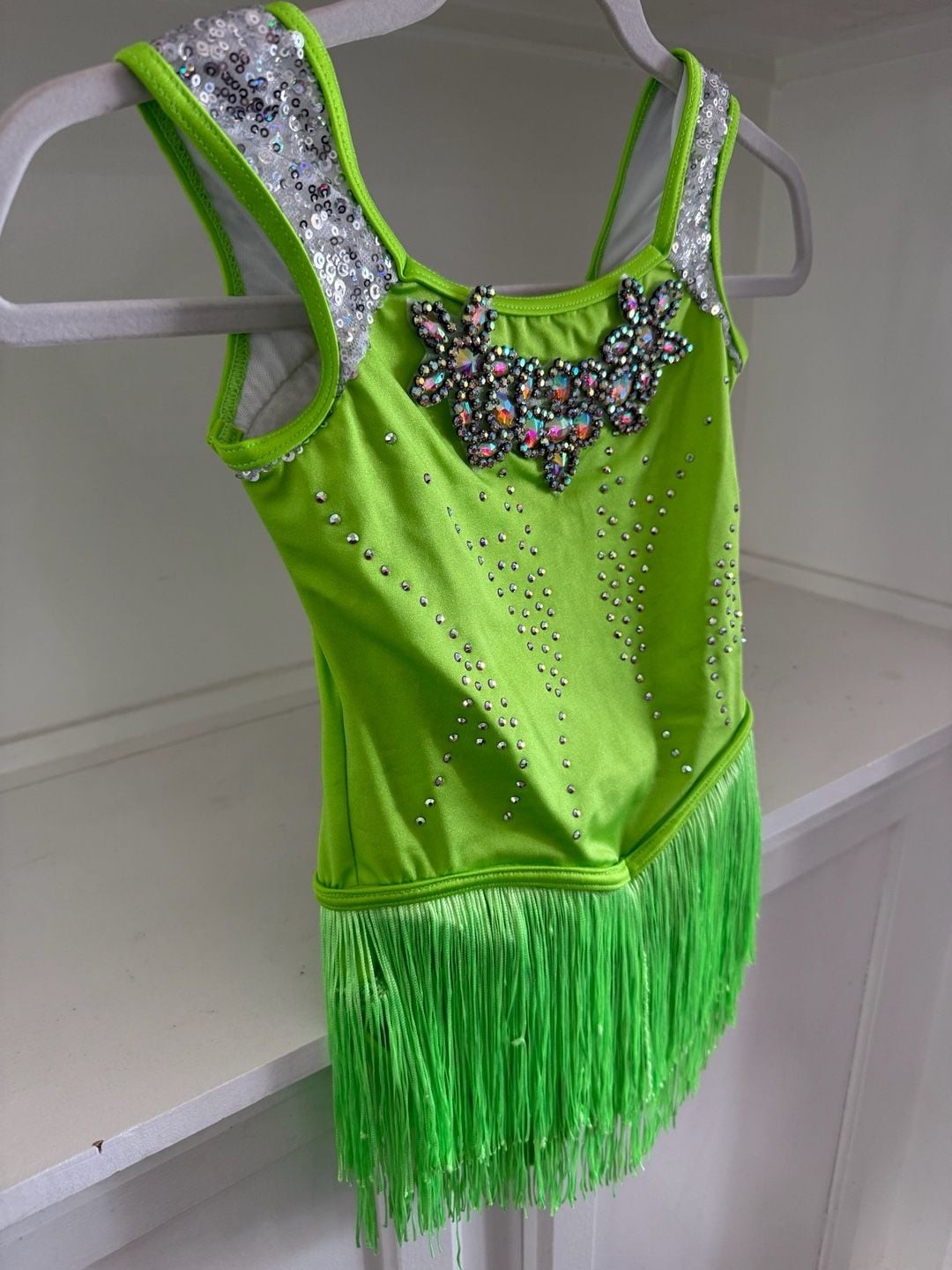 WEISSMAN Neon Green Sleeveless Dance Leotard with Fringe