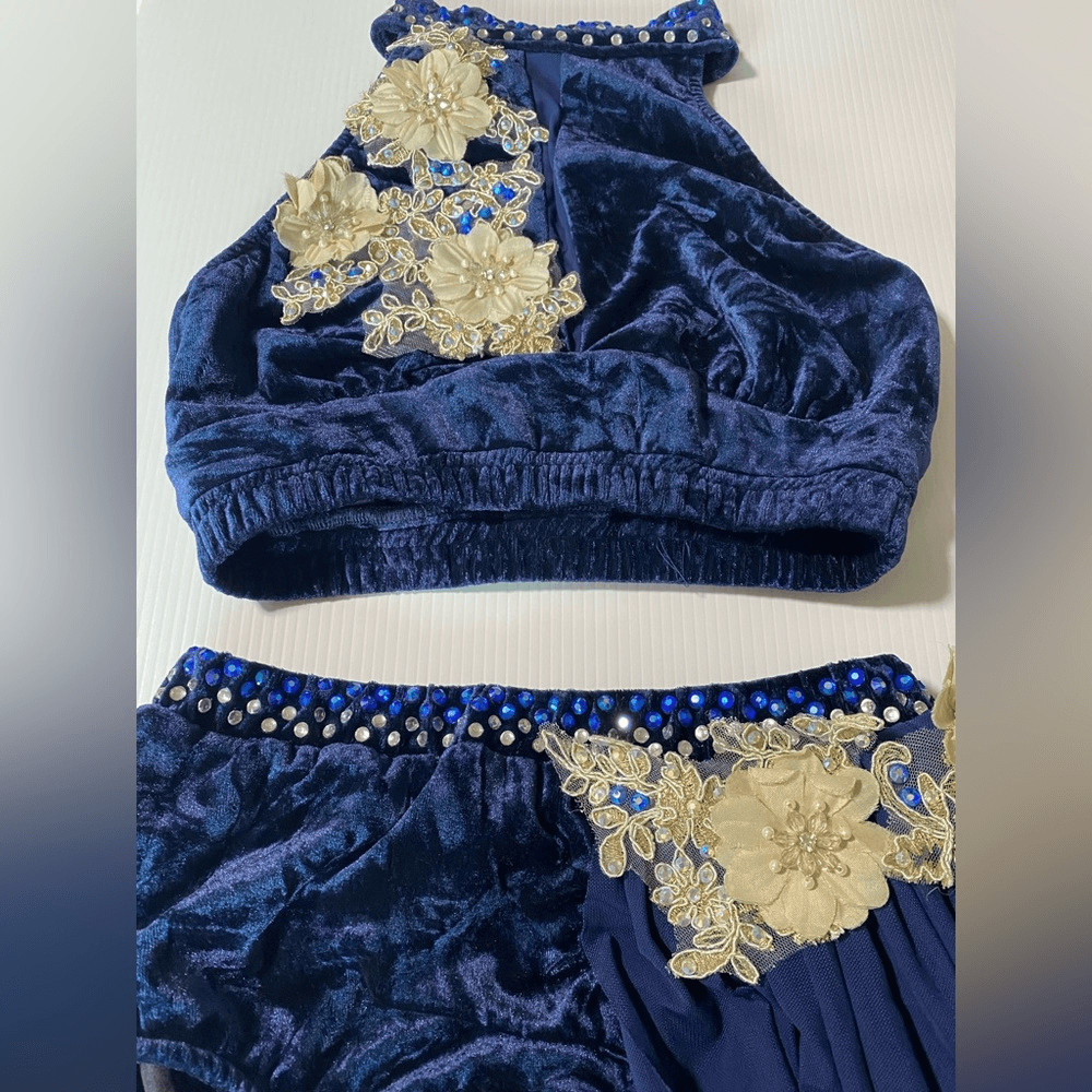 Glamour solo dance costume blue velvet embellishe leotard dress 2 piece MA adult